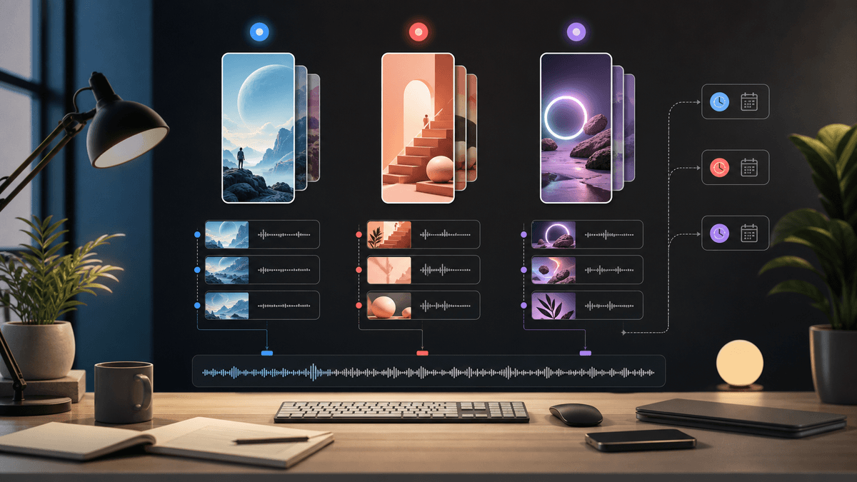 Generated editorial image showing one AI short-form video workflow adapted into three platform-specific vertical video lanes