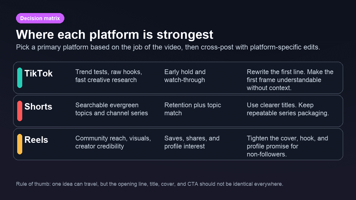 Decision matrix comparing where TikTok, YouTube Shorts, and Instagram Reels are strongest for short-form video creators