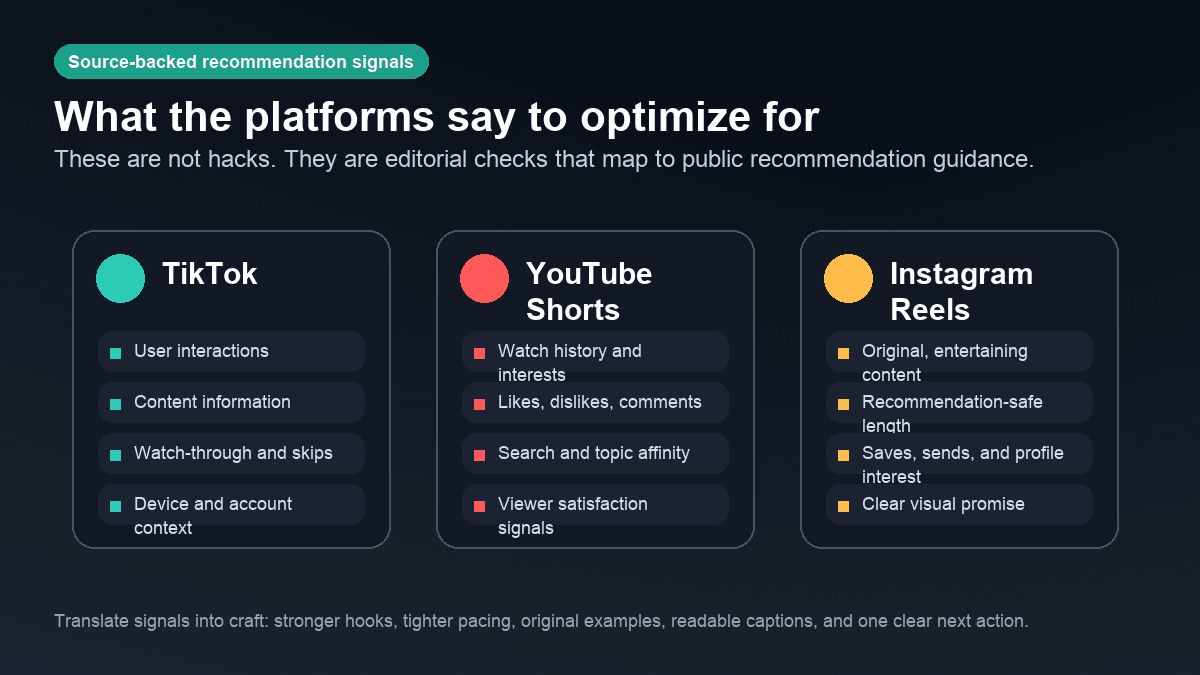 Source-backed visual summarizing recommendation signals creators should consider for TikTok, YouTube Shorts, and Instagram Reels