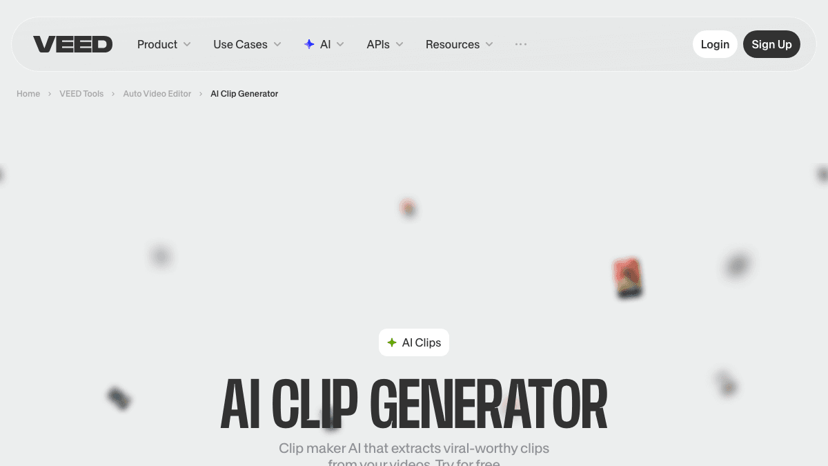 VEED AI Clip Generator page for extracting shareable clips from long-form video