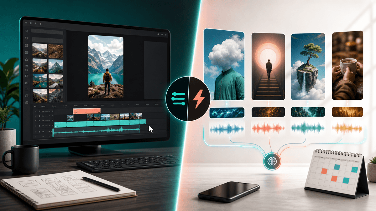 Editorial comparison of browser-based AI video editing and automated faceless short-form video generation
