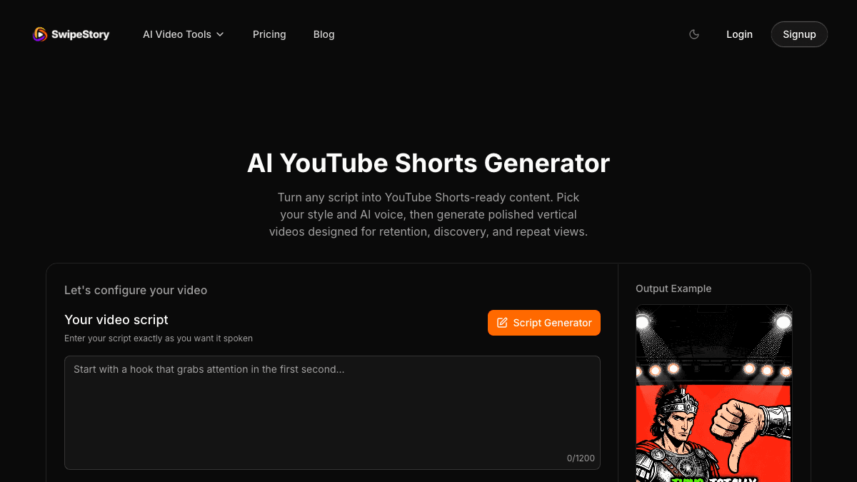 SwipeStory AI YouTube Shorts generator page showing a script-to-Short production workflow