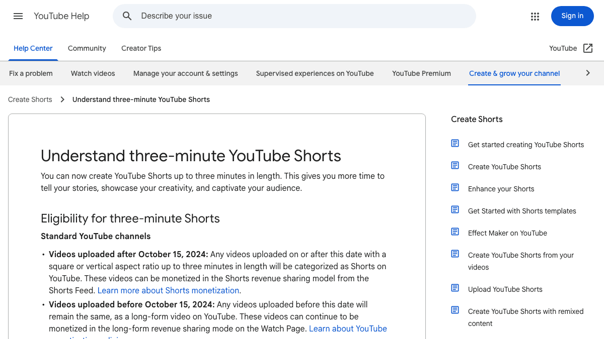 Source-backed screenshot of YouTube Help explaining three-minute YouTube Shorts eligibility and vertical or square format guidance