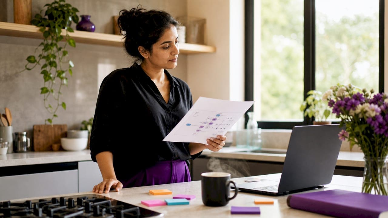 Woman working on AI model laptop in home office