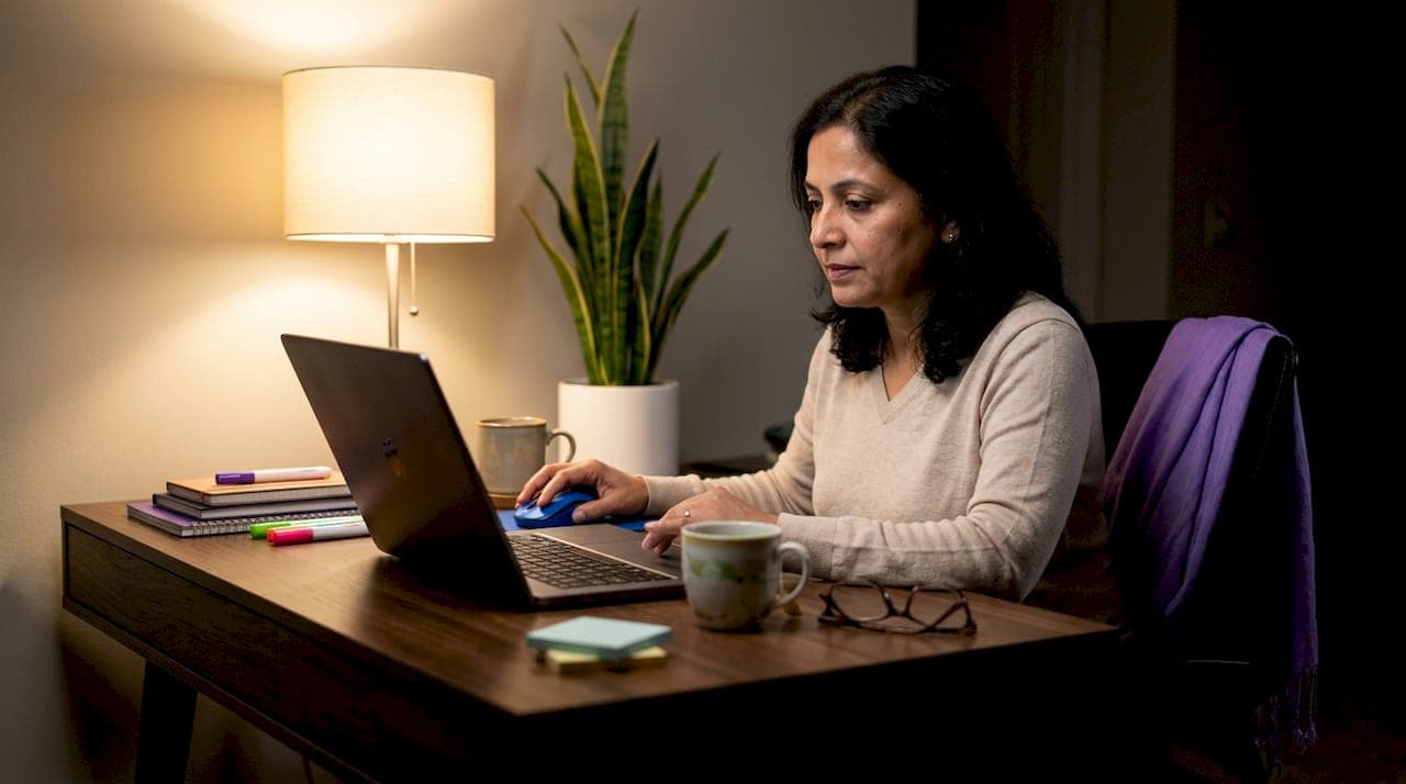 Woman editing video on laptop at desk