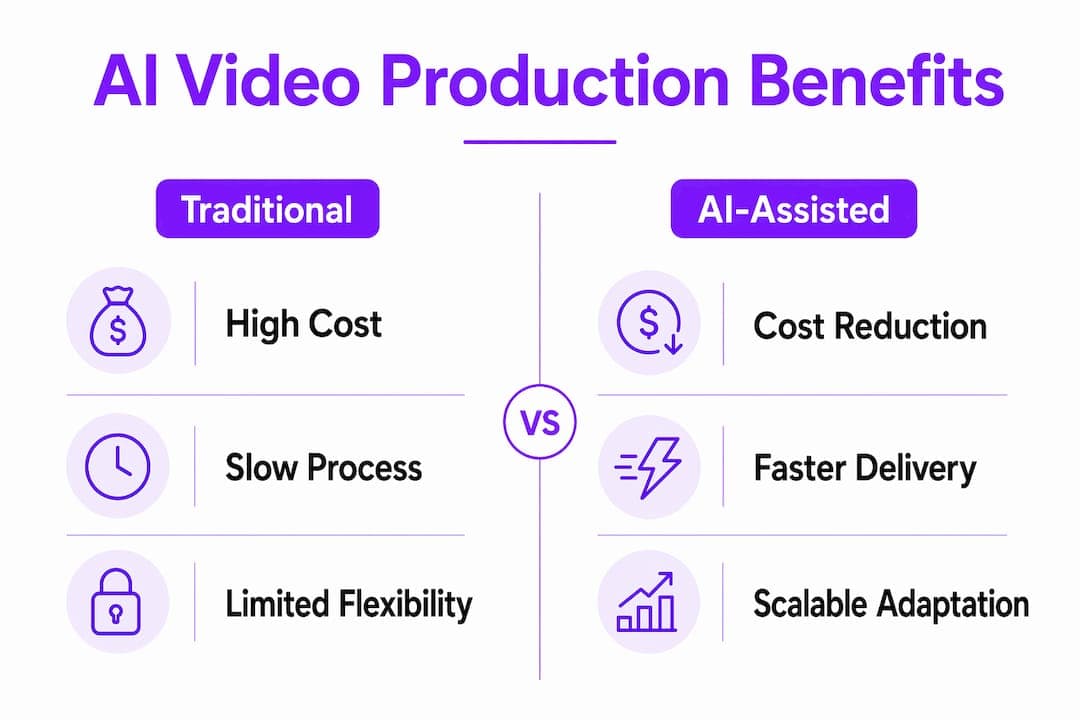 Infographic comparing traditional vs AI video production
