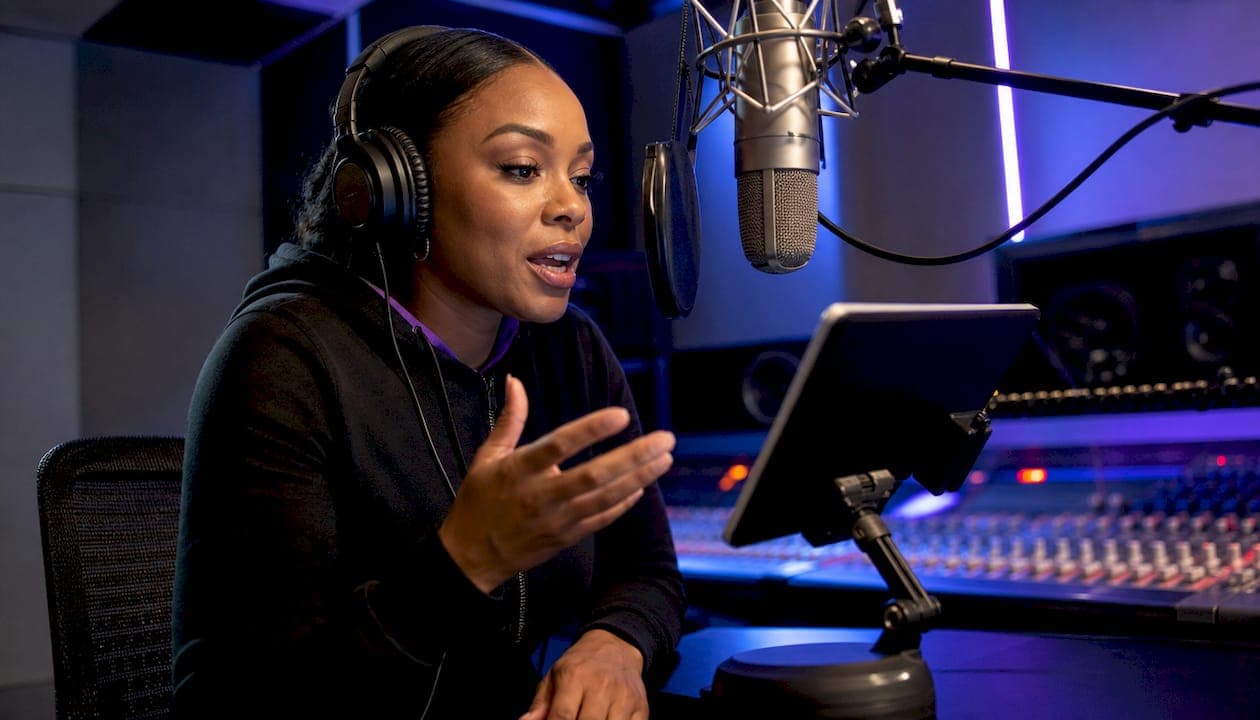 Person recording voiceover in studio