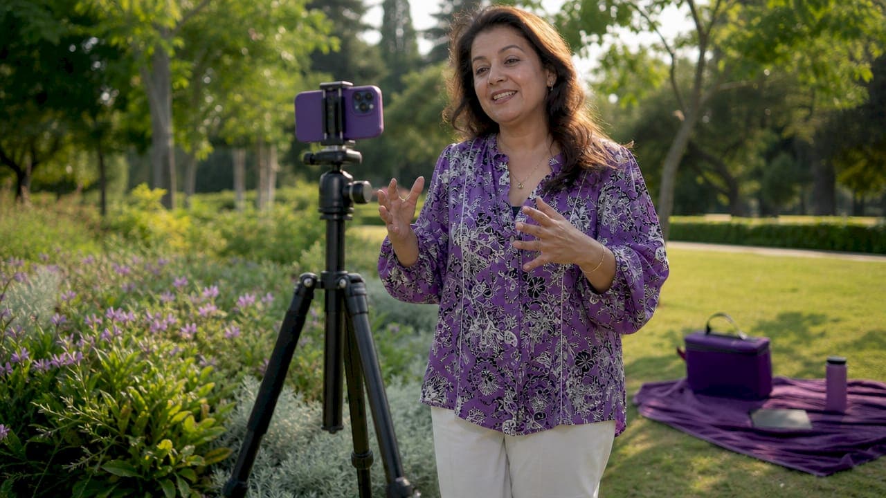 Woman recording talking-head video at home