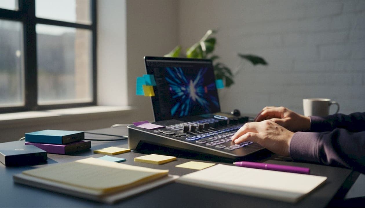 Hands adjusting video export settings on keyboard