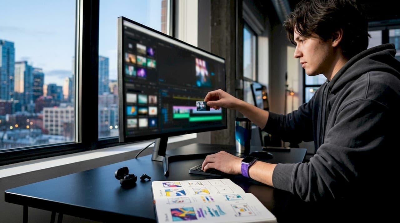 Hands editing video clips on computer screen